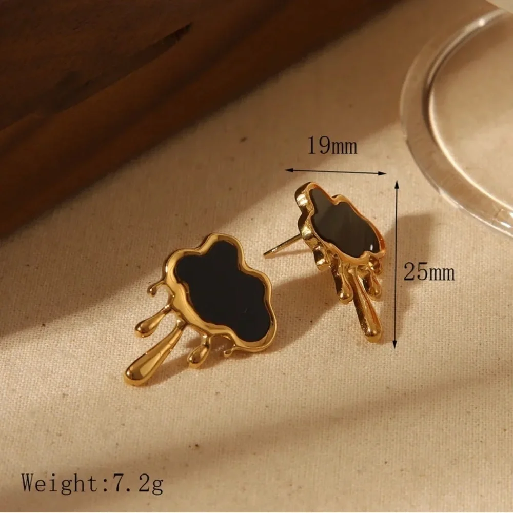 18K Gold Black Cloud Rain Melting Liquid Metal Stud Earrings Punk Bohemian - Picture 4 of 4